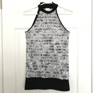 Y2K Suzy Shier Floral Sleeveless High Neck Blouse Top M Black White